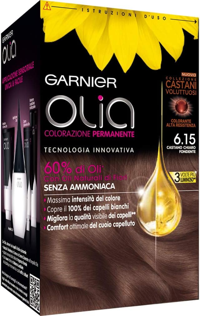 Garnier Olia Colorazione Permanente senza Ammoniaca, Migliora Visibilmente la Qualità dei Capelli, Copre il 100% dei Capelli Bianchi, 6.15 Castano chiaro Fondente